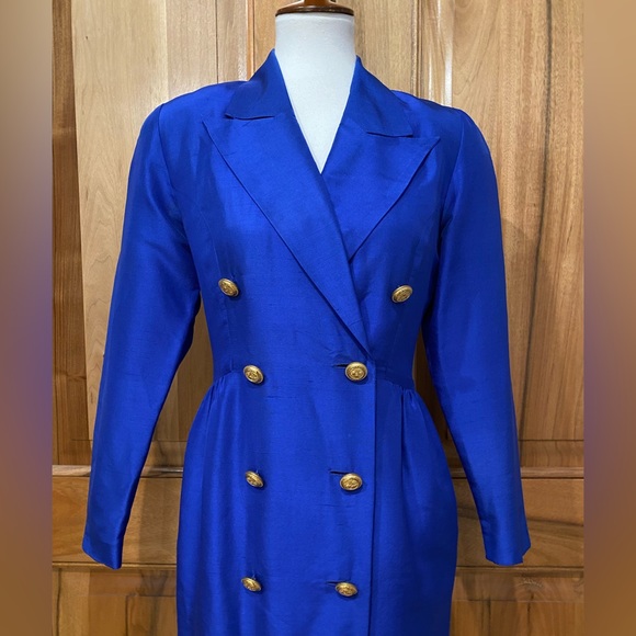 VTG Korean Cobalt-Blue Silk Double-Breasted Coat/Dress, EUC, 4P - Picture 2 of 16